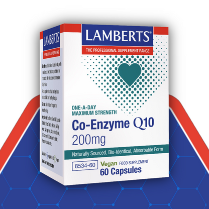 Lamberts Co-Enzyme Q10 supplement packaging on a blue and red background