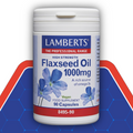 Lamberts High Strength Flaxseed Oil 1000mg supplement container on a blue and red background