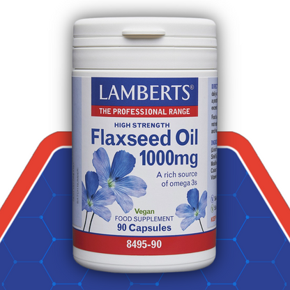 Lamberts High Strength Flaxseed Oil 1000mg supplement container on a blue and red background