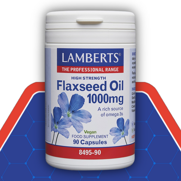 Lamberts High Strength Flaxseed Oil 1000mg supplement container on a blue and red background