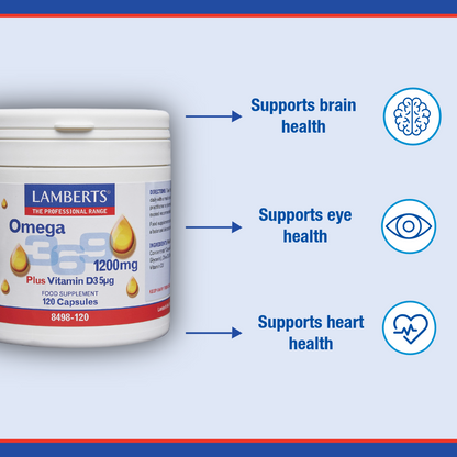 Lamberts Omega 3 supplement container with health benefits listed on a blue background