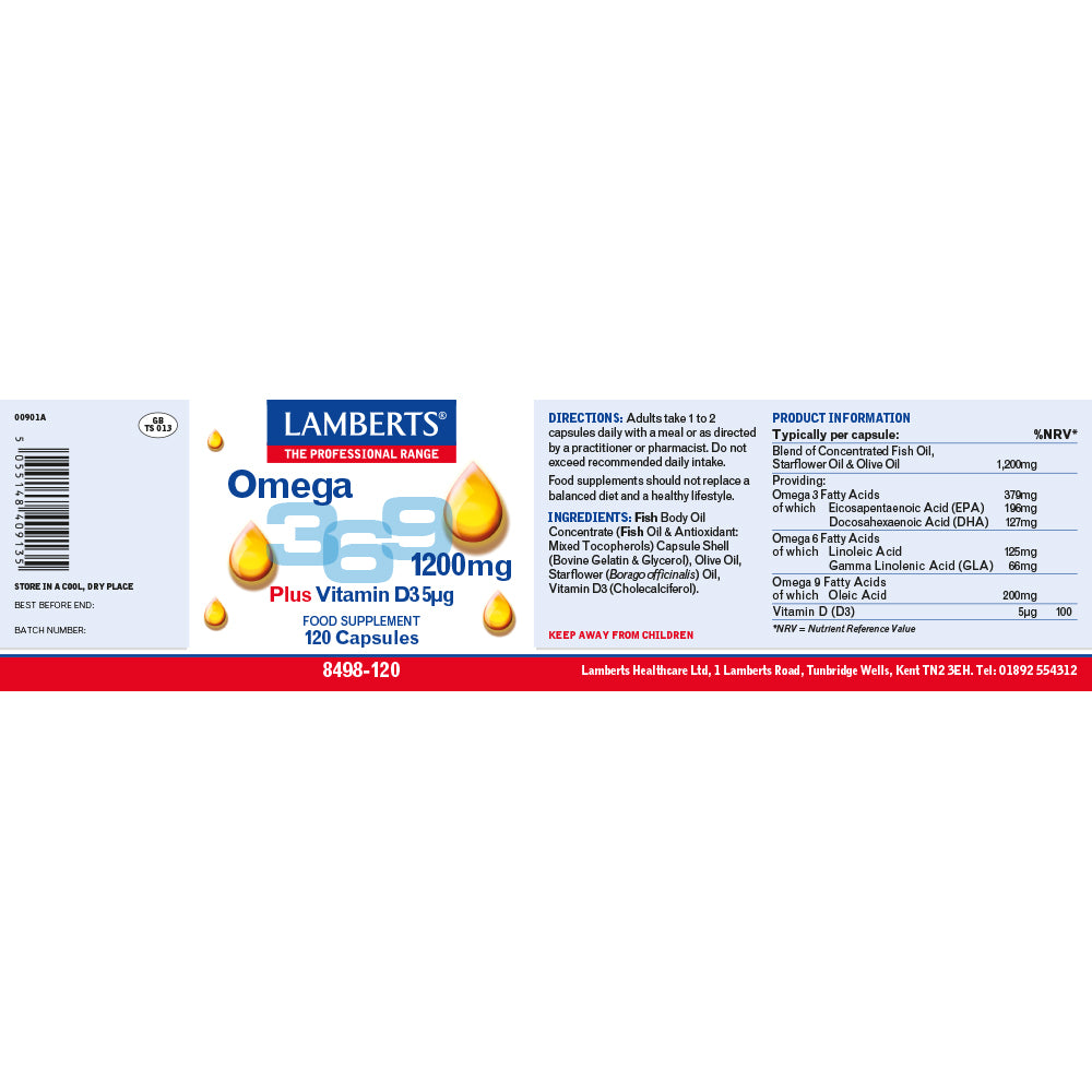 Lamberts Omega 3-6-9 Plus Vitamin D3 supplement packaging on a white background