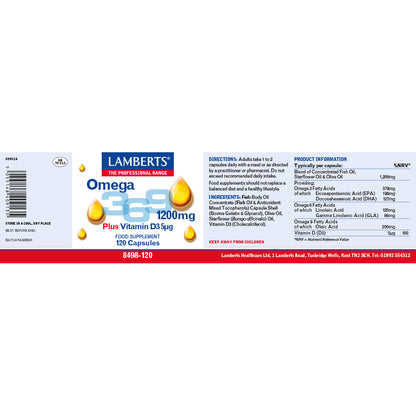 Lamberts Omega 3-6-9 Plus Vitamin D3 supplement packaging on a white background