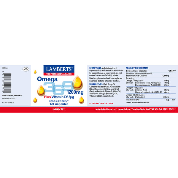Lamberts Omega 3-6-9 Plus Vitamin D3 supplement packaging on a white background