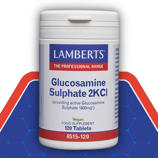 Lamberts Glucosamine Sulphate 2KCl supplement container on a blue and red background