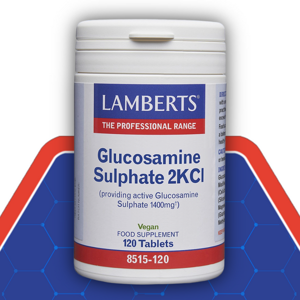 Lamberts Glucosamine Sulphate 2KCl supplement container on a blue and red background