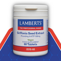 Lamberts Griffonia Seed Extract supplement container on a blue and red background