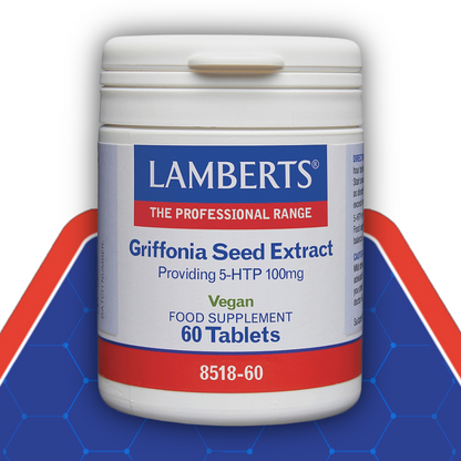 Lamberts Griffonia Seed Extract supplement container on a blue and red background