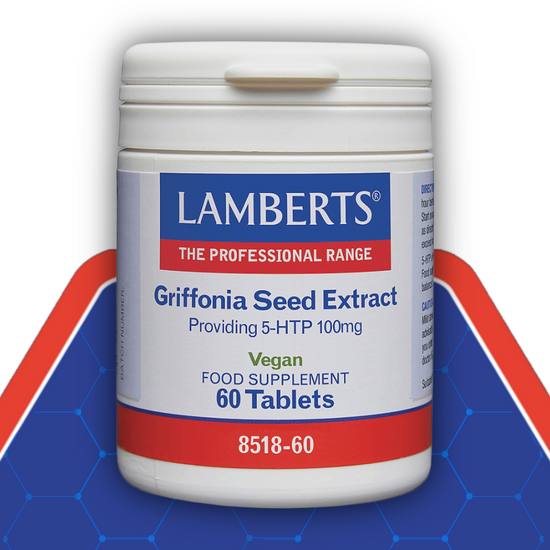 Lamberts Griffonia Seed Extract supplement container on a blue and red background