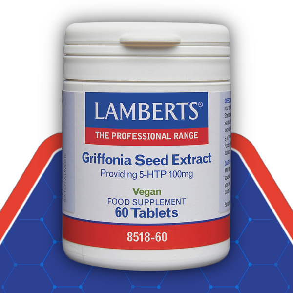Lamberts Griffonia Seed Extract supplement container on a blue and red background