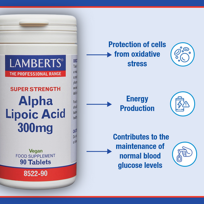 Lamberts Alpha Lipoic Acid supplement container with benefits listed on a blue background