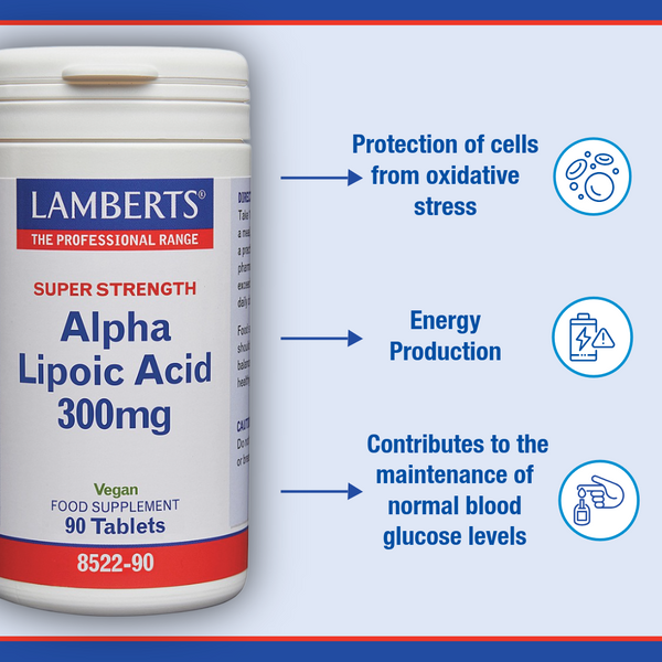 Lamberts Alpha Lipoic Acid supplement container with benefits listed on a blue background