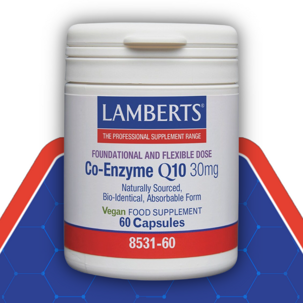 Lamberts Co-Enzyme Q10 supplement container on a blue and red background