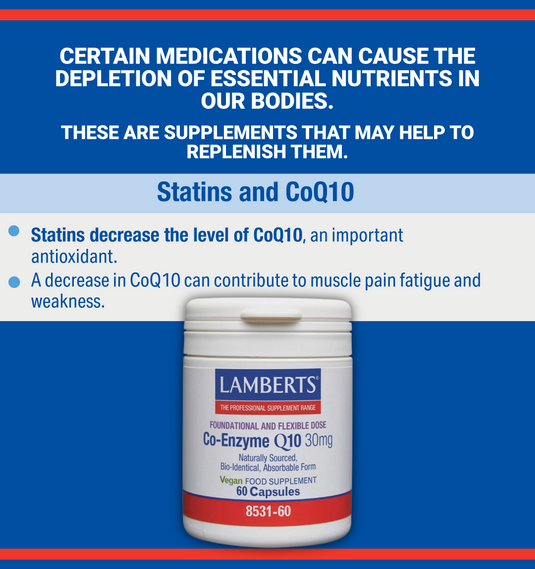 An informational graphic about supplements, featuring a white bottle of Lamberts Co-Enzyme Q10 30mg with a blue and red label, set against a blue background with text explaining the relationship between statins and CoQ10.