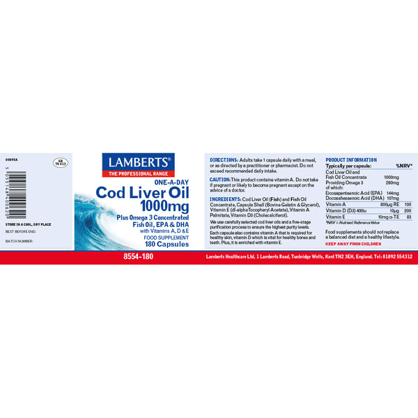 Lamberts Cod Liver Oil 1000mg supplement label on a white background