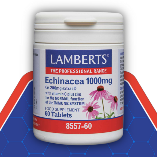Lamberts Echinacea 1000mg supplement container on a blue and red background