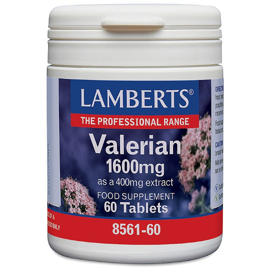 Lamberts Valerian 1600mg supplement container on a white background