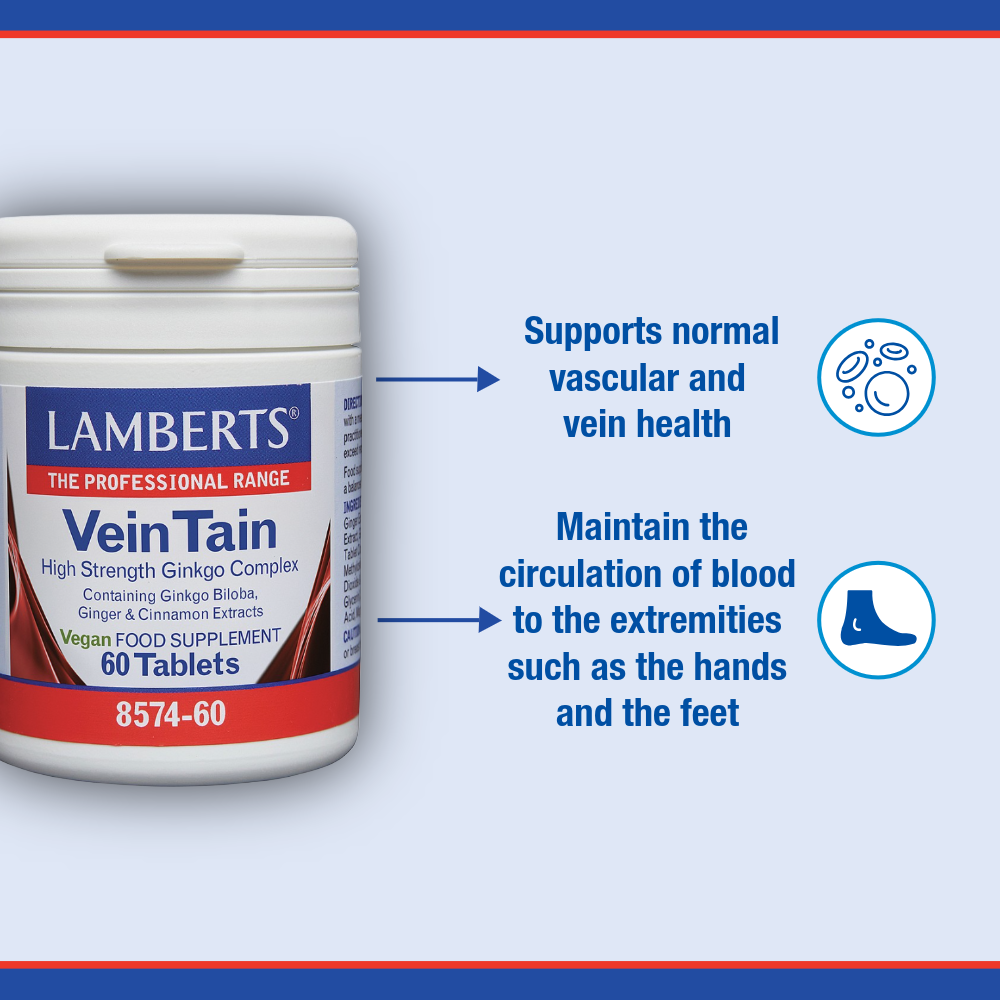 Lamberts VeinTain supplement container with text on a blue background