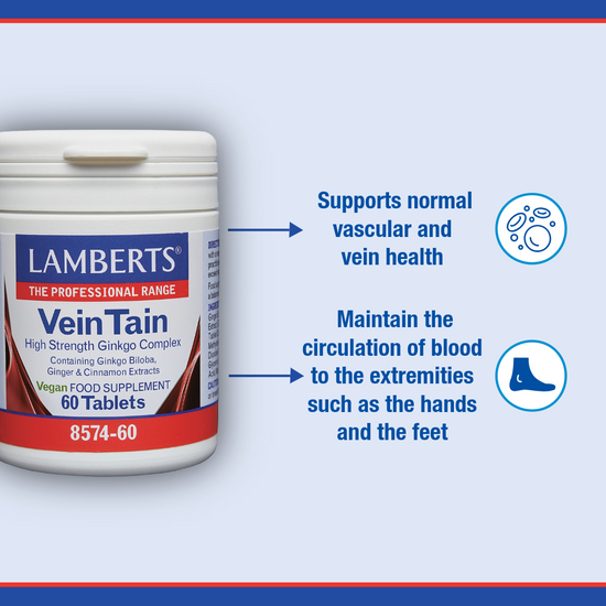 Lamberts VeinTain supplement container with text on a blue background