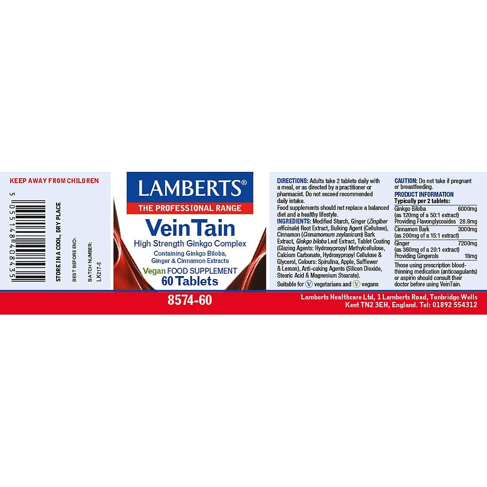 Lambert's VeinTain supplement label on a white background