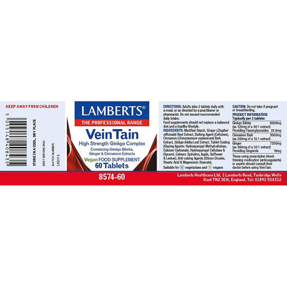 Lambert's VeinTain supplement label on a white background