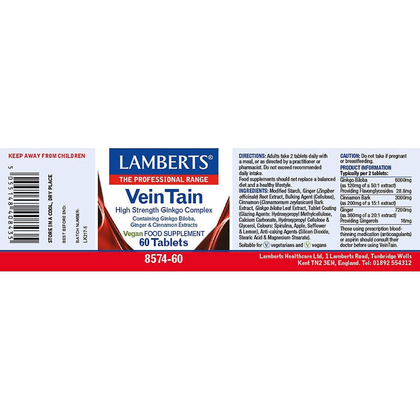 Lambert's VeinTain supplement label on a white background
