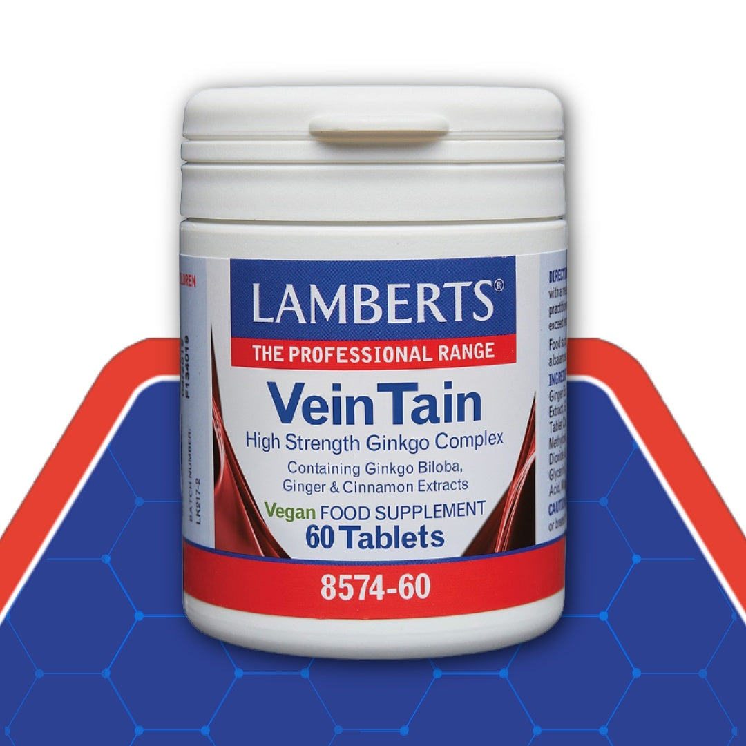 Lamberts Vein Tain supplement container on a blue and red background