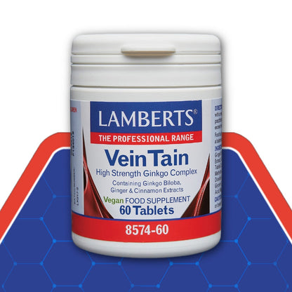 Lamberts Vein Tain supplement container on a blue and red background