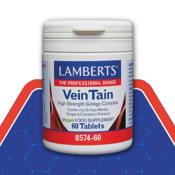 Lamberts Vein Tain supplement container on a blue and red background