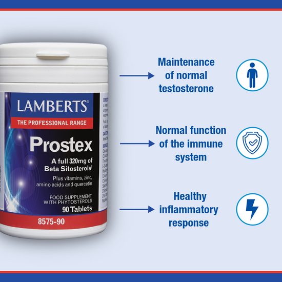 Lamberts Prostex supplement container with health benefits text on a blue background