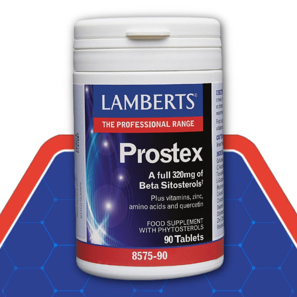Lamberts Prostex supplement container on a blue and red background