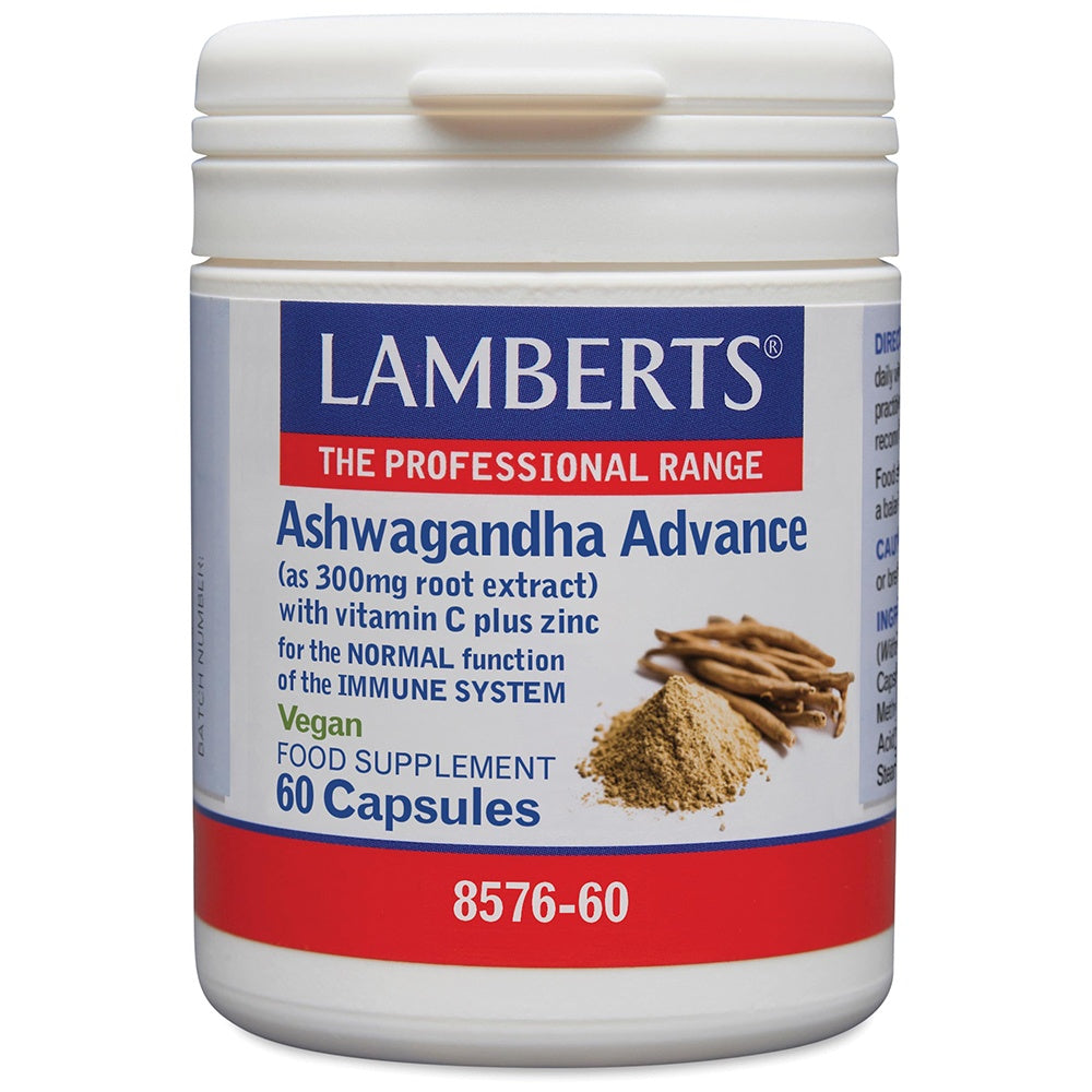 Lamberts Ashwagandha Advance supplement container on a white background
