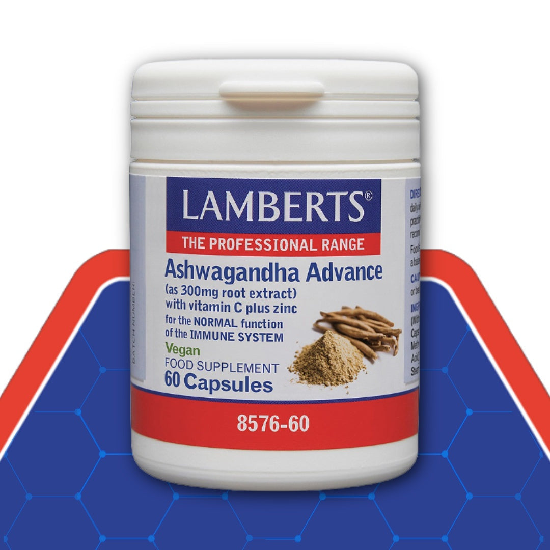 Lamberts Ashwagandha Advance supplement container on a blue and red background