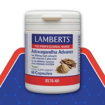 Lamberts Ashwagandha Advance supplement container on a blue and red background