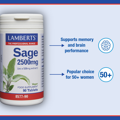 Lamberts Sage 2500mg supplement bottle with text on a blue background