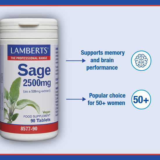 Lamberts Sage 2500mg supplement bottle with text on a blue background