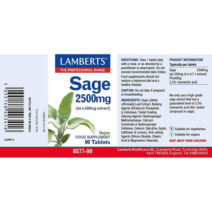Lambert's Sage 2500mg supplement label with product details and directions.