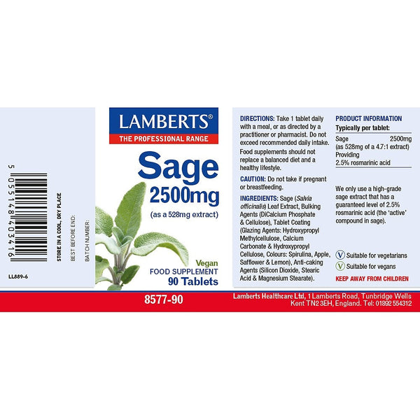 Lambert's Sage 2500mg supplement label with product details and directions.