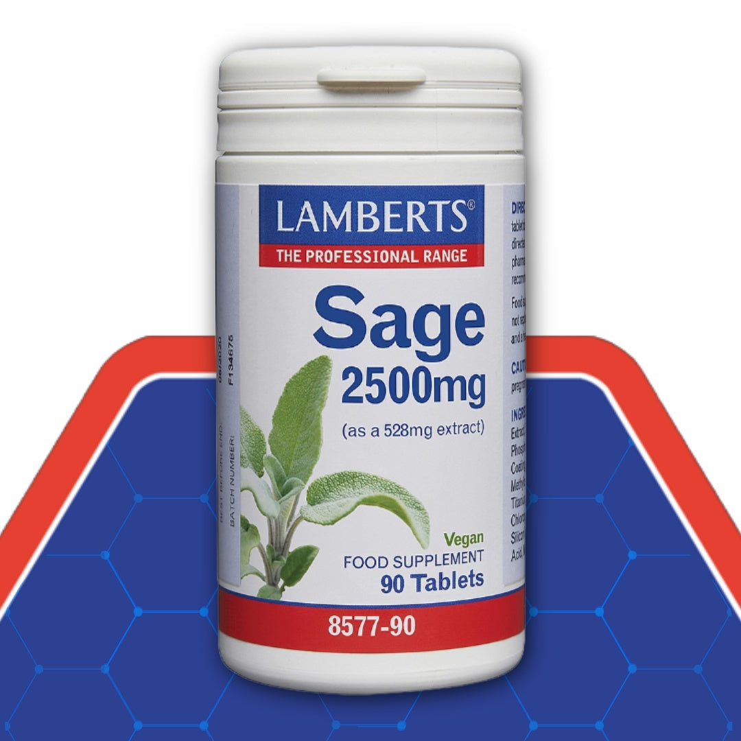 Lamberts Sage 2500mg supplement container on a blue and red background