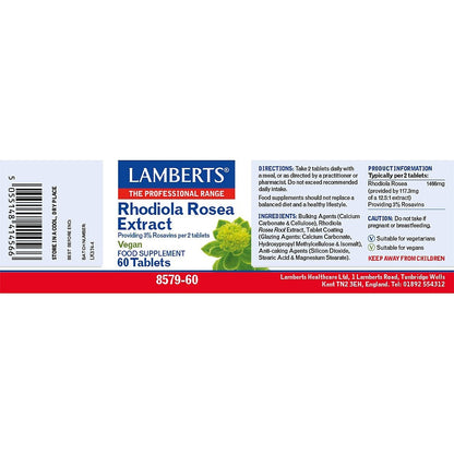 Lamberts Rhodiola Rosea Extract supplement label on a white background