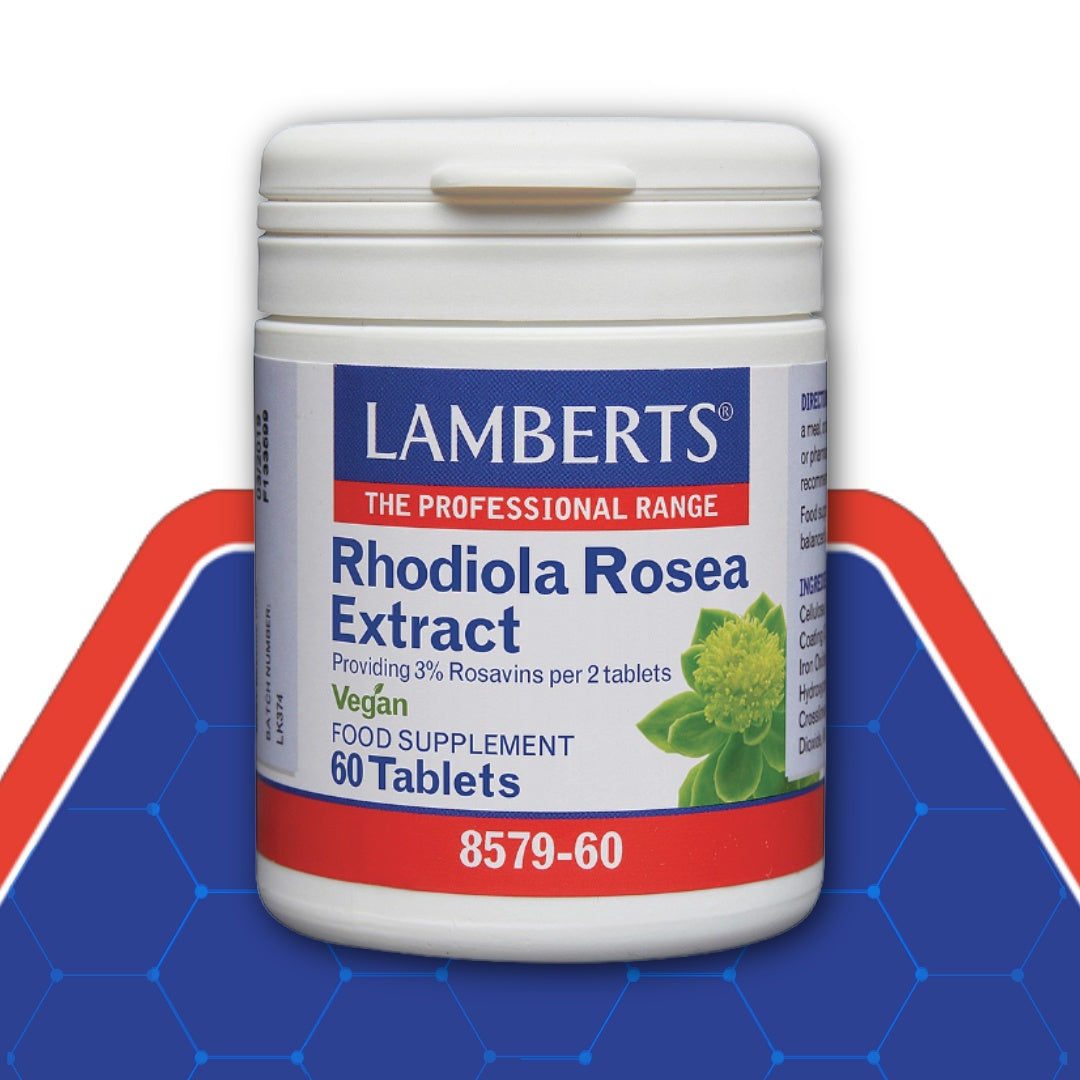 Lamberts Rhodiola Rosea Extract supplement container on a blue and red background