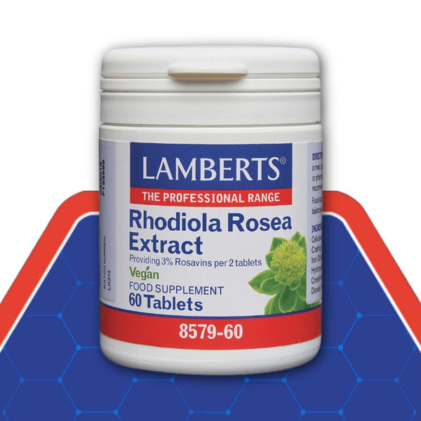 Lamberts Rhodiola Rosea Extract supplement container on a blue and red background