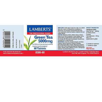 Lamberts Green Tea 5000mg supplement label on a white background