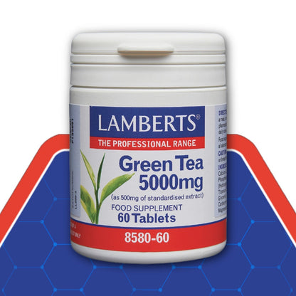 Lamberts Green Tea 5000mg supplement container on a blue and red background