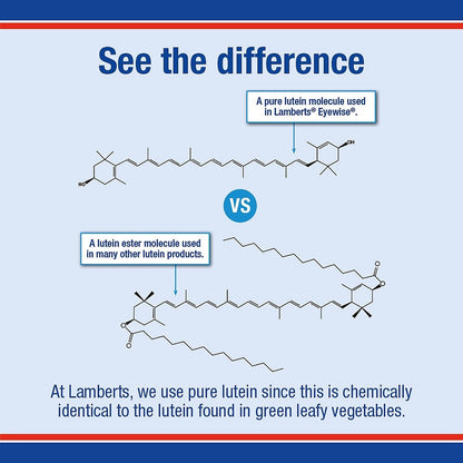 Comparison of pure lutein molecule and lutein ester molecule with text about Lamberts' use of pure lutein.