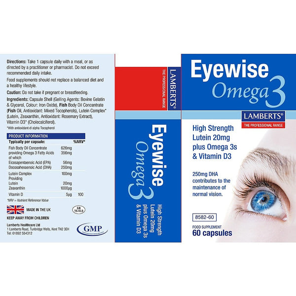 Eyewise Omega3 supplement packaging with eye illustration on a white background