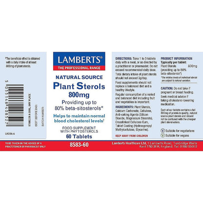 Lamberts plant sterols supplement label on a white background