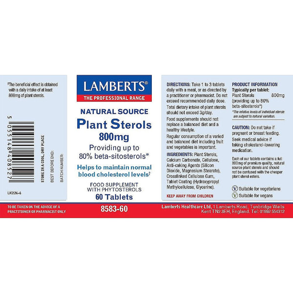 Lamberts plant sterols supplement label on a white background