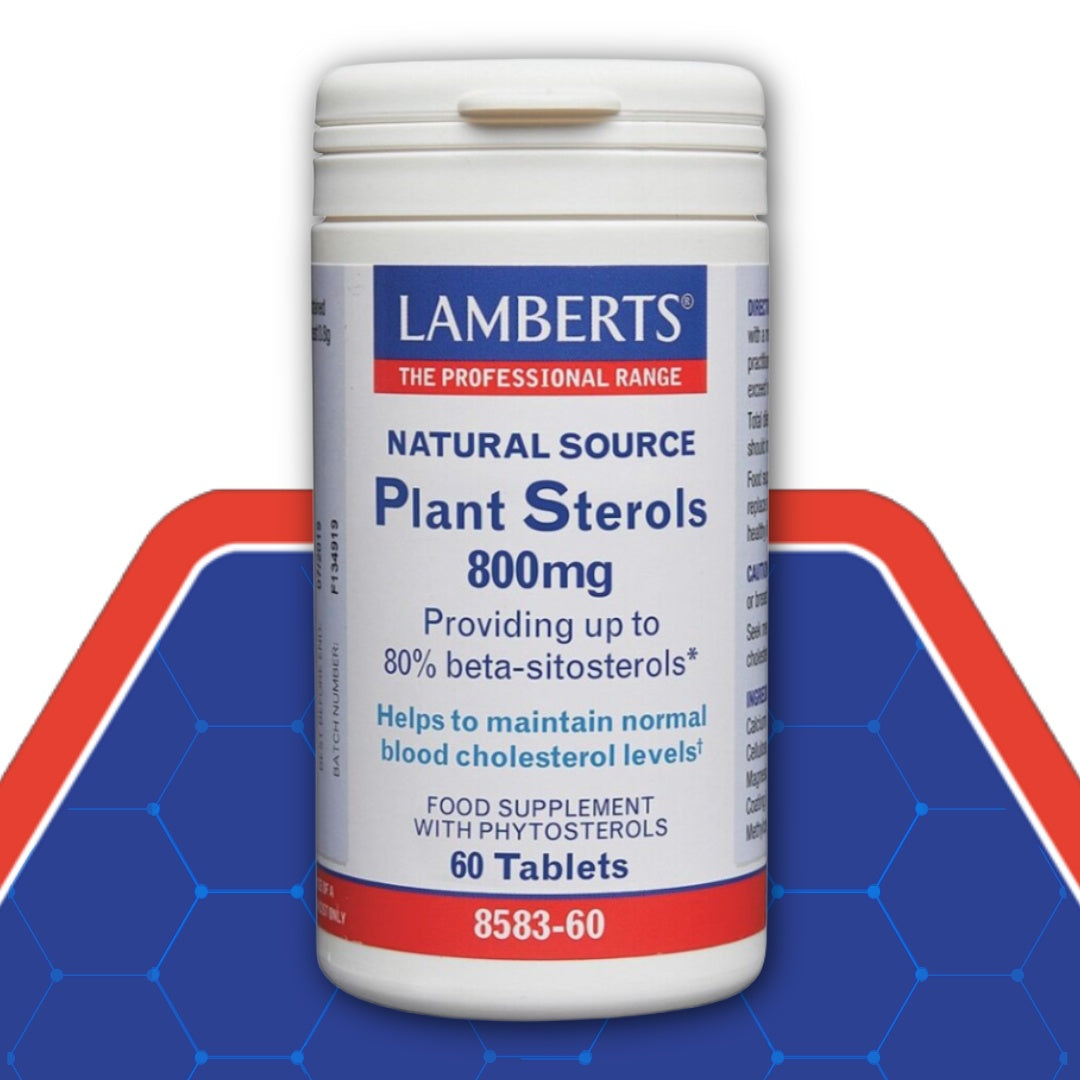 Lamberts plant sterols supplement container on a blue and red background
