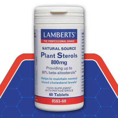 Lamberts plant sterols supplement container on a blue and red background